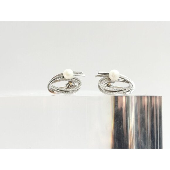 Abatract Modernist Ribbed Screw Back Sterling Faux Pearl Vintage Stud Earrings - Picture 8 of 10